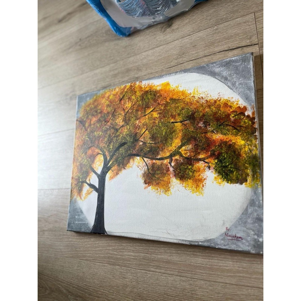 Acrylic Canvas Painting Lonely Autumn Yellow Green White H x 16 ,‎ W x 20 Inches - Picture 3 of 8